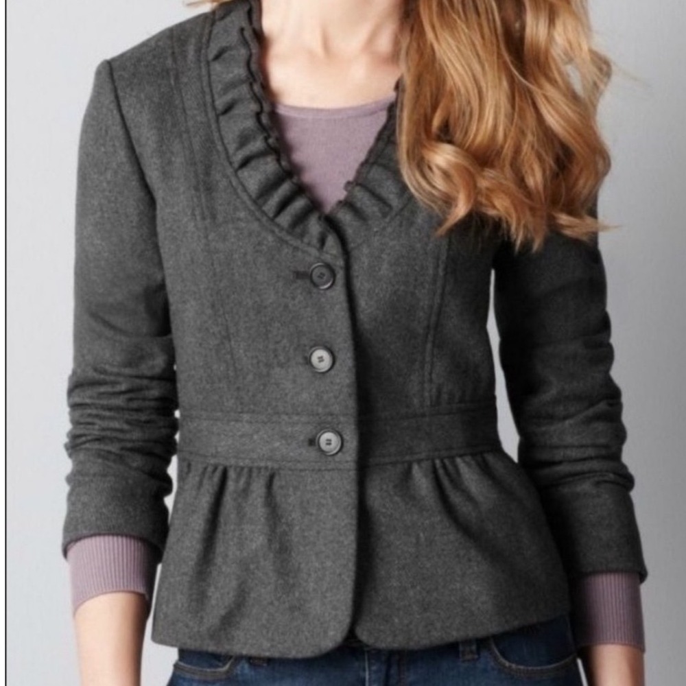 Ann Taylor LOFT Gray Wool Blend Ruffle Peplum Blazer Jacket Size 8 Herringbone